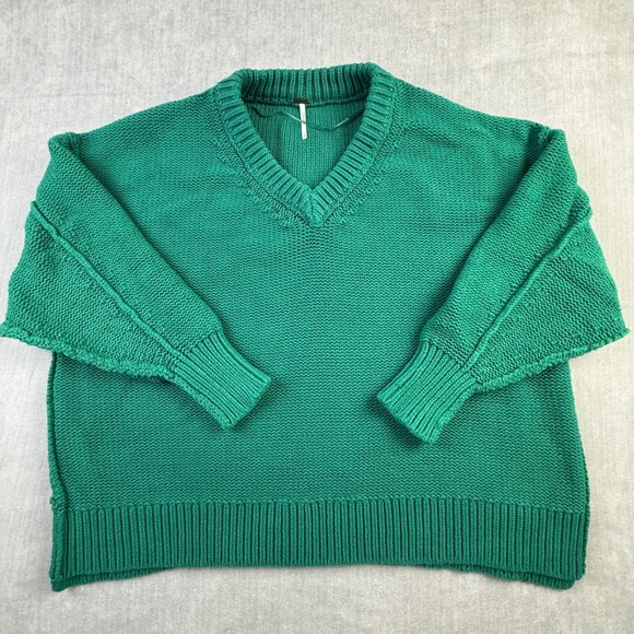 Free People Sweaters - Free People Brookside V-Neck Sweater Emerald Green Oversized Chunky Knit Small